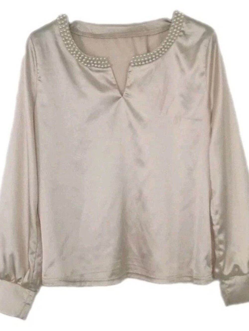 Temu Women's Size L Top Aprict Champagne Satin Faux Pearl Neck Band